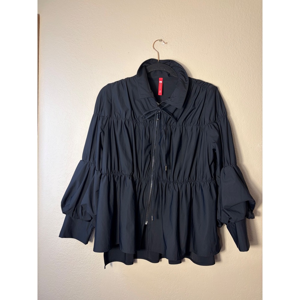 IC Collection Black Zip Tiered Ruffle Jacket Puff Sleeve Small 1395J